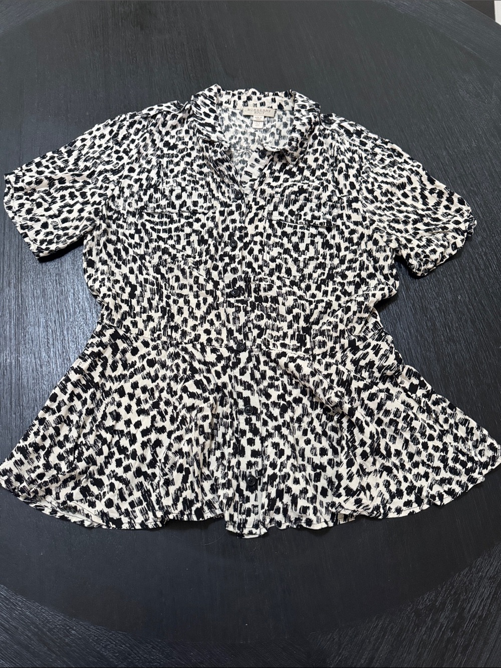 Burberry Black and White Printed Button-Front Peplum Blouse